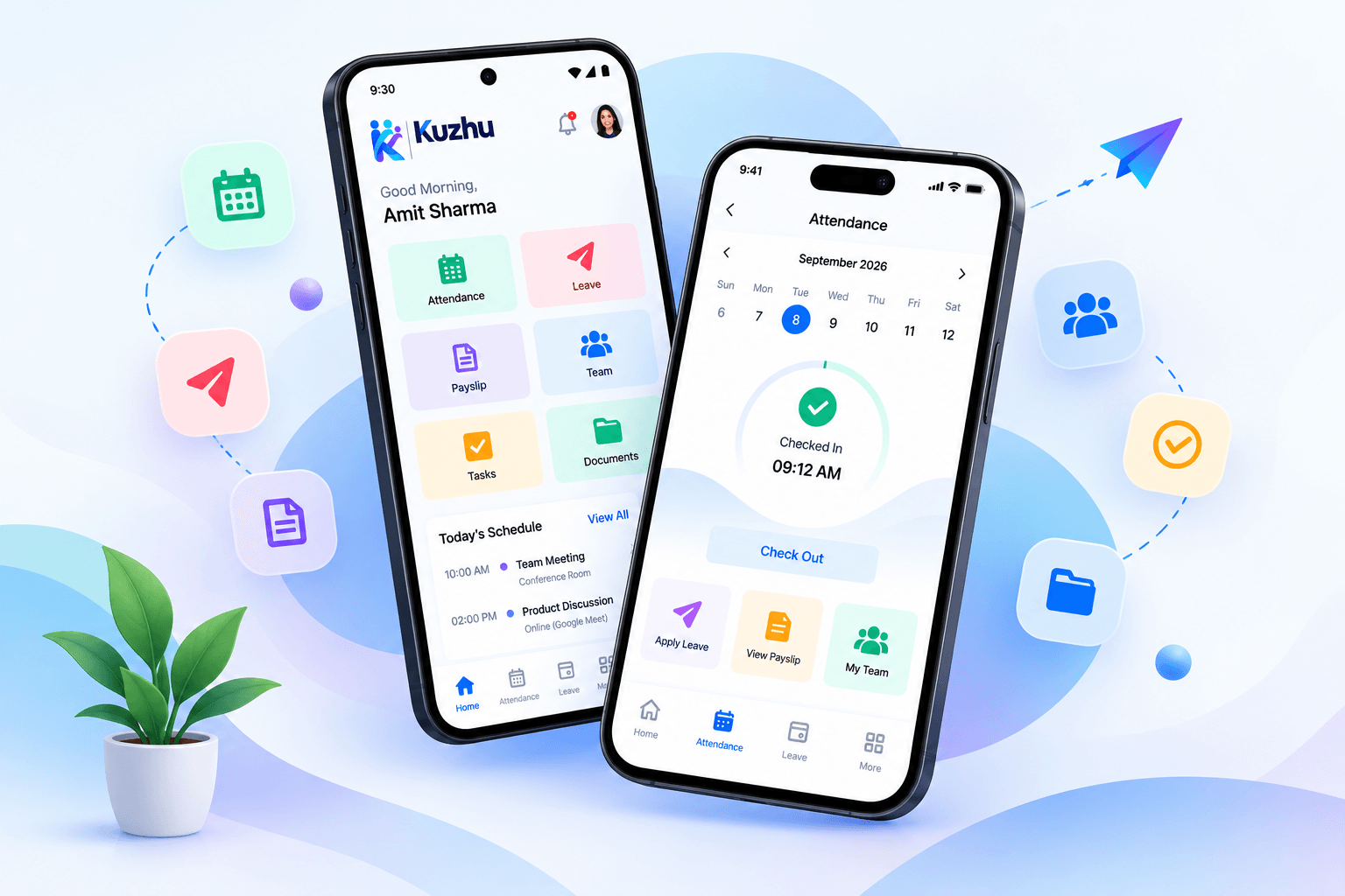 The Kuzhu employee app: the home screen with attendance, leave, payslip and team shortcuts, and the attendance screen showing a check-in at 9:12 AM