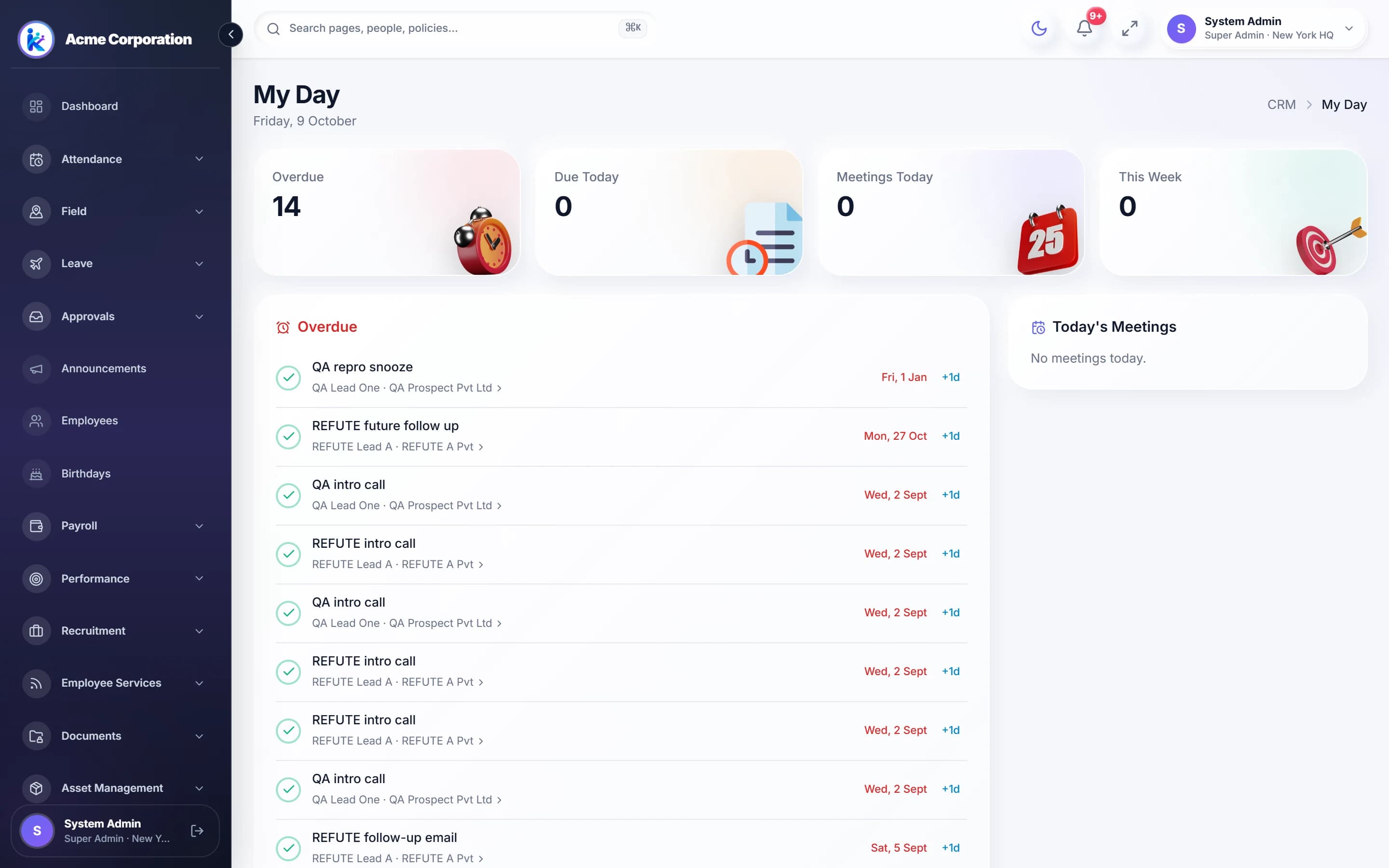 Kuzhu CRM My Day screen listing overdue sales follow-ups, calls due today and today’s meetings for a salesperson