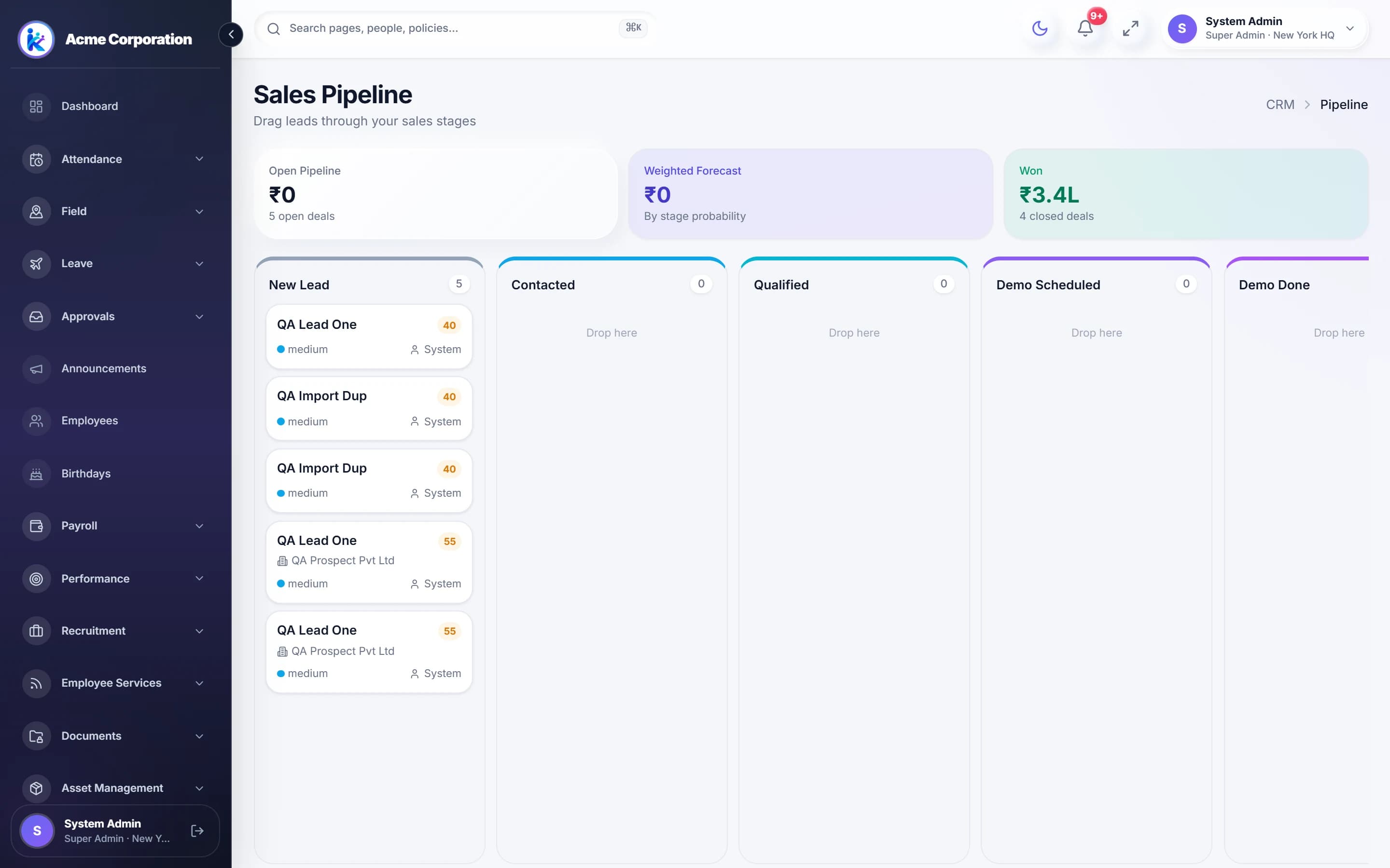 Kuzhu CRM software sales pipeline board with leads as cards in deal stages, open pipeline value, weighted forecast and won deals