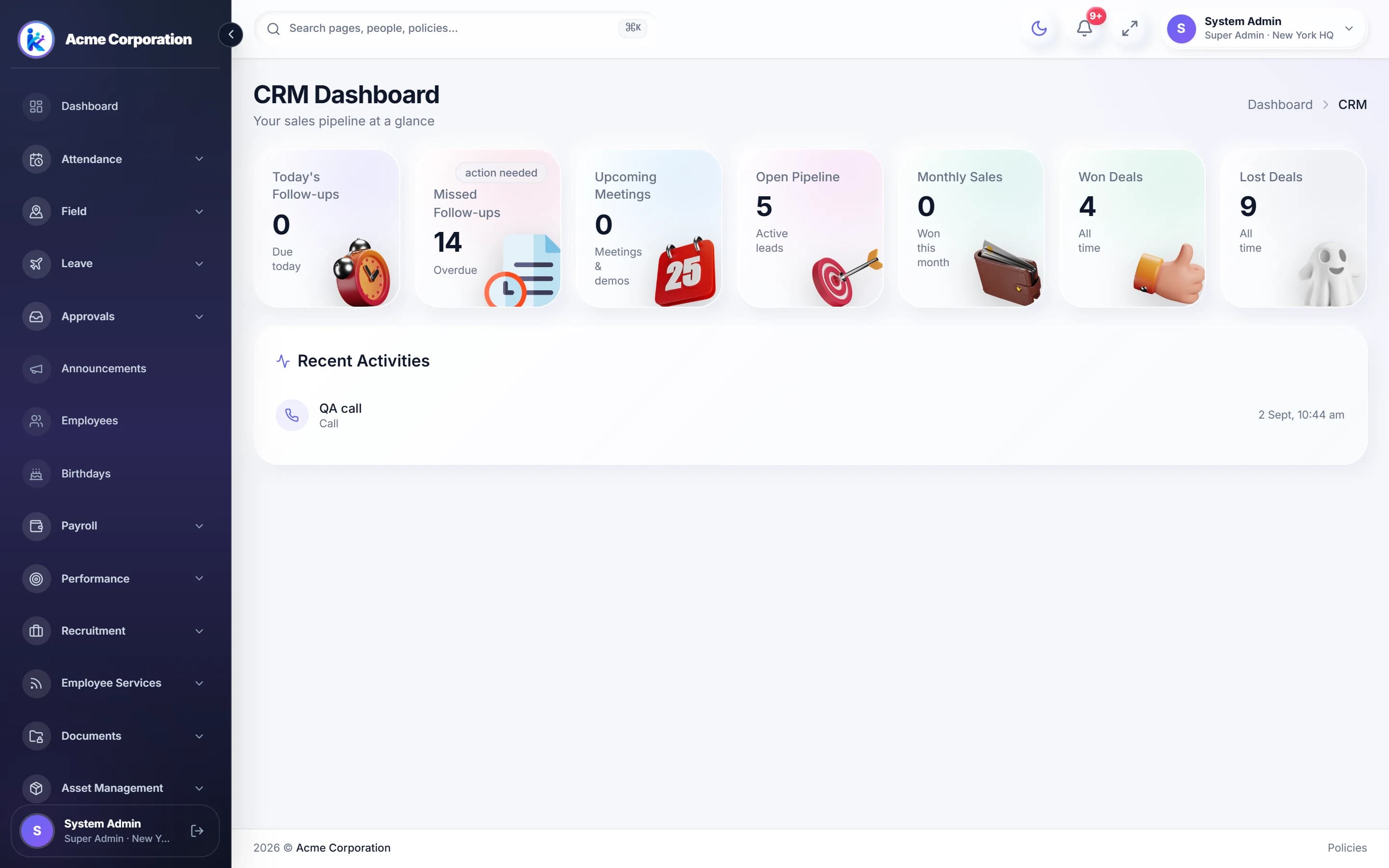 Kuzhu CRM sales dashboard showing follow-ups due, missed follow-ups, upcoming meetings, open pipeline, monthly sales and won and lost deals